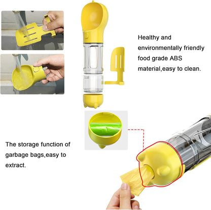 Dog Water Bottle, 4 in 1 Pet Travel Water Cup with Food Box, Shovel,Garbage Bags for Hiking Travel(Yellow)