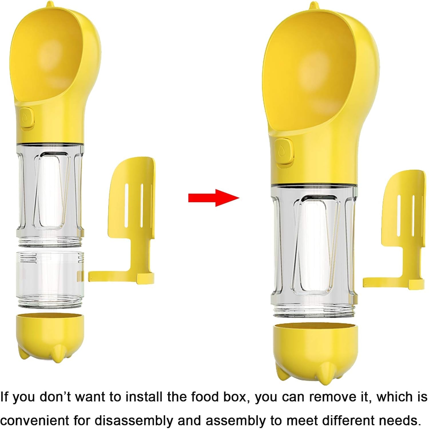 Dog Water Bottle, 4 in 1 Pet Travel Water Cup with Food Box, Shovel,Garbage Bags for Hiking Travel(Yellow)