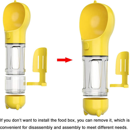 Dog Water Bottle, 4 in 1 Pet Travel Water Cup with Food Box, Shovel,Garbage Bags for Hiking Travel(Yellow)