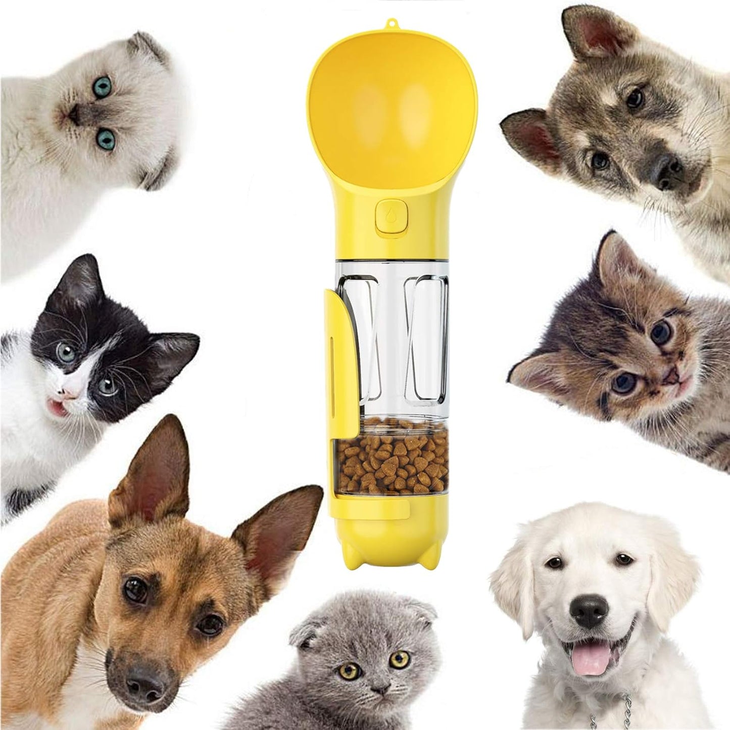 Dog Water Bottle, 4 in 1 Pet Travel Water Cup with Food Box, Shovel,Garbage Bags for Hiking Travel(Yellow)