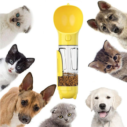 Dog Water Bottle, 4 in 1 Pet Travel Water Cup with Food Box, Shovel,Garbage Bags for Hiking Travel(Yellow)