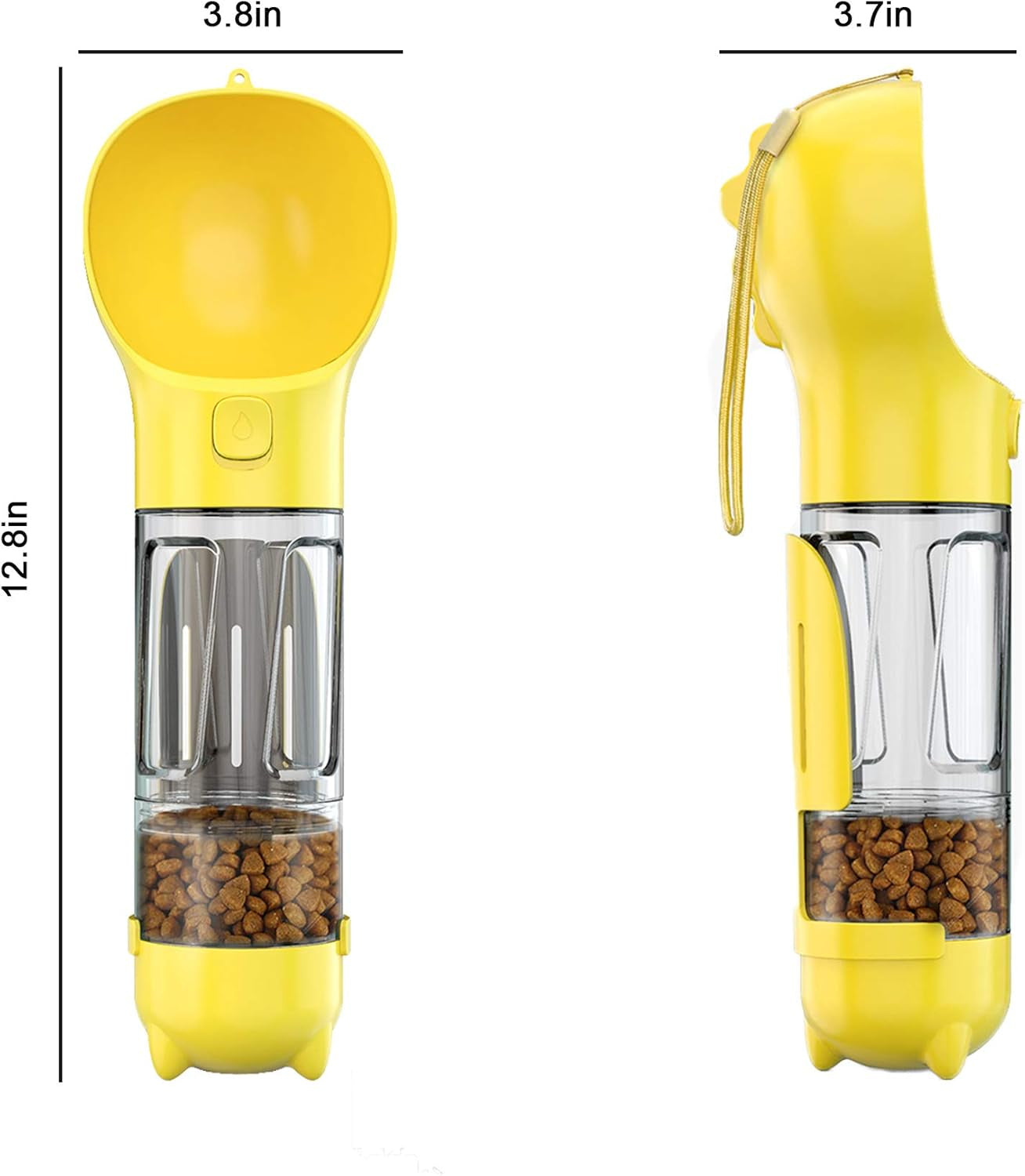 Dog Water Bottle, 4 in 1 Pet Travel Water Cup with Food Box, Shovel,Garbage Bags for Hiking Travel(Yellow)