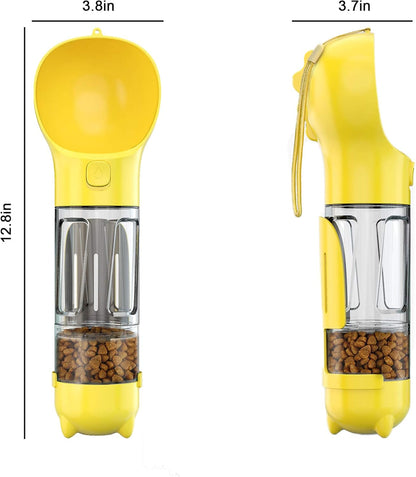 Dog Water Bottle, 4 in 1 Pet Travel Water Cup with Food Box, Shovel,Garbage Bags for Hiking Travel(Yellow)