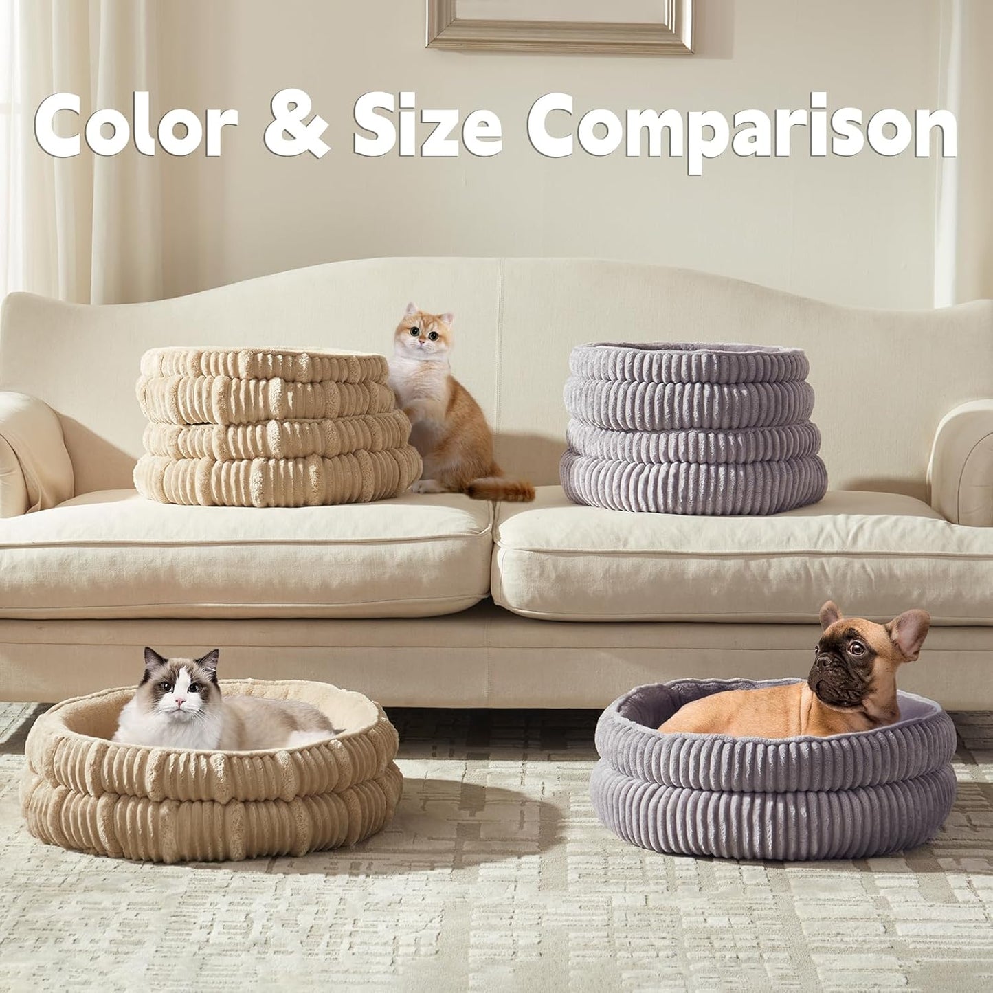 Cat Beds for Indoor Cats,Kitten Bed,Dog Bed for Extra Small Dogs Breeds,Puppy Kennel Bed, Comfy Durable Pet Sleeping Bed, Washable Roun Cat Beds & Non-Slip Bottom, Beige 18" L X 18" W X 7" Th