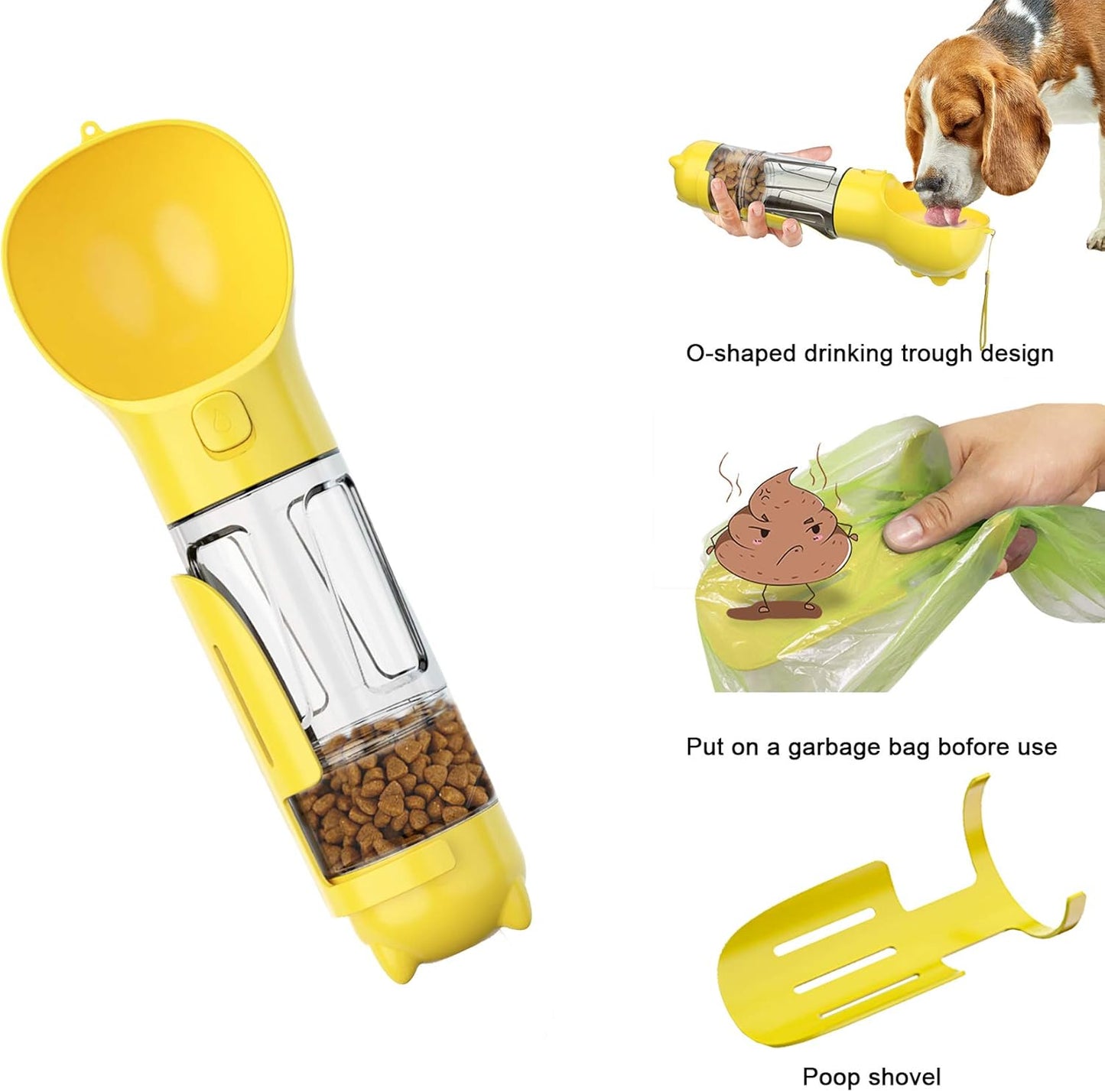 Dog Water Bottle, 4 in 1 Pet Travel Water Cup with Food Box, Shovel,Garbage Bags for Hiking Travel(Yellow)